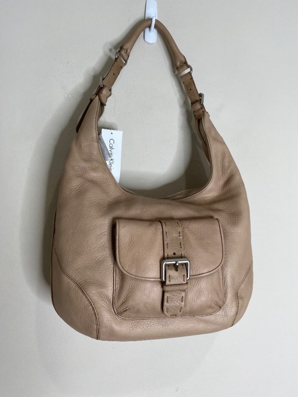 Calvin Klein Classic Pebble Beige Leather Shoulder Hobo Handbag  NWT